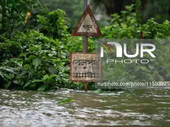 A rail crossing signal is submerged as the rail track area is flooded in Feni, Chittagong, Bangladesh, on August 23, 2024. (