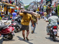 A busy street in the Chalai market in Thiruvananthapuram, Kerala, India, on April 13, 2024. The Chalai Market (Chalai bazaar) is Kerala's ol...