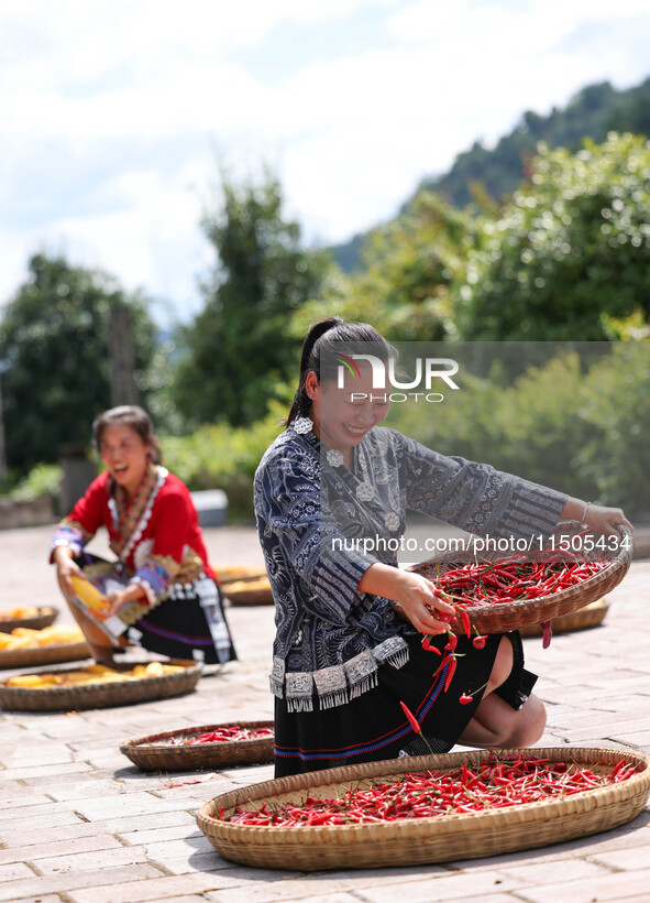 Villagers dry chili peppers and corn in Miaoluo village in Qiandongnan Miao and Dong autonomous Prefecture in Qiandongnan, China, on August...