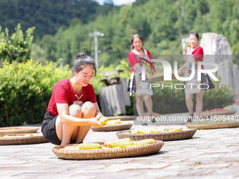 Villagers dry chili peppers and corn in Miaoluo village in Qiandongnan Miao and Dong autonomous Prefecture in Qiandongnan, China, on August...