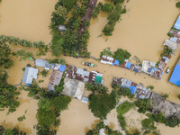 An aerial view of a flooded village in the Bishumier Hat area of Mirsarai Upazila, Chittagong Division, Bangladesh, on August 24, 2024. At l...