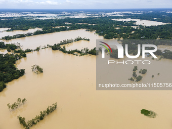 An aerial view of a flooded village in the Bishumier Hat area of Mirsarai Upazila, Chittagong Division, Bangladesh, on August 24, 2024. At l...