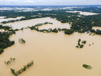 An aerial view of a flooded village in the Bishumier Hat area of Mirsarai Upazila, Chittagong Division, Bangladesh, on August 24, 2024. At l...