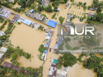 An aerial view of a flooded village in the Bishumier Hat area of Mirsarai Upazila, Chittagong Division, Bangladesh, on August 24, 2024. At l...