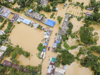 An aerial view of a flooded village in the Bishumier Hat area of Mirsarai Upazila, Chittagong Division, Bangladesh, on August 24, 2024. At l...