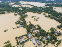 An aerial view of a flooded village in the Bishumier Hat area of Mirsarai Upazila, Chittagong Division, Bangladesh, on August 24, 2024. At l...