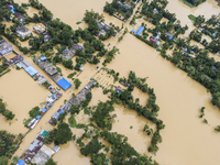 An aerial view of a flooded village in the Bishumier Hat area of Mirsarai Upazila, Chittagong Division, Bangladesh, on August 24, 2024. At l...