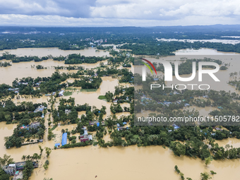 An aerial view of a flooded village in the Bishumier Hat area of Mirsarai Upazila, Chittagong Division, Bangladesh, on August 24, 2024. At l...