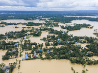 An aerial view of a flooded village in the Bishumier Hat area of Mirsarai Upazila, Chittagong Division, Bangladesh, on August 24, 2024. At l...