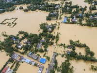 An aerial view of a flooded village in the Bishumier Hat area of Mirsarai Upazila, Chittagong Division, Bangladesh, on August 24, 2024. At l...