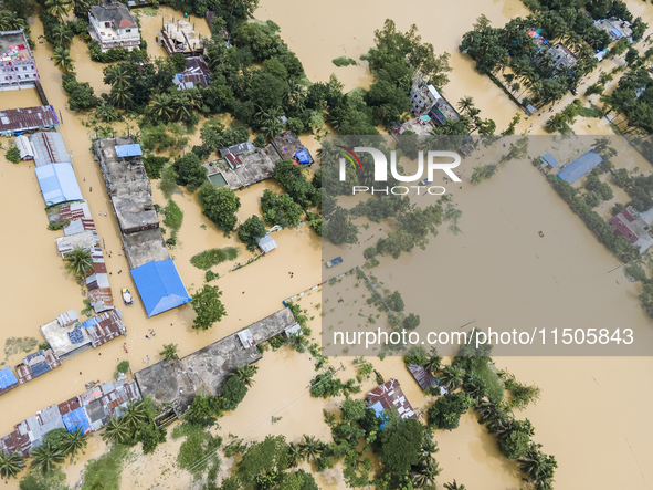 An aerial view of a flooded village in the Bishumier Hat area of Mirsarai Upazila, Chittagong Division, Bangladesh, on August 24, 2024. At l...