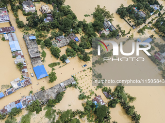 An aerial view of a flooded village in the Bishumier Hat area of Mirsarai Upazila, Chittagong Division, Bangladesh, on August 24, 2024. At l...