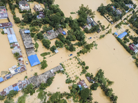 An aerial view of a flooded village in the Bishumier Hat area of Mirsarai Upazila, Chittagong Division, Bangladesh, on August 24, 2024. At l...