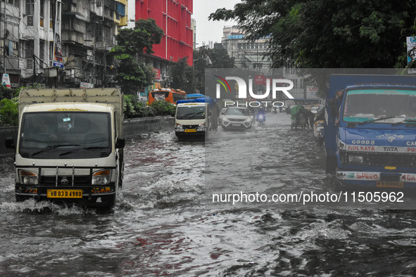 Massive waterlogging is seen in various parts of Kolkata, India, on August 24, 2024, amidst heavy torrential rain in Kolkata, India. 