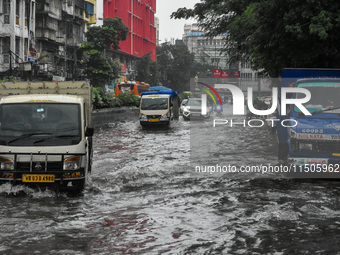 Massive waterlogging is seen in various parts of Kolkata, India, on August 24, 2024, amidst heavy torrential rain in Kolkata, India. (