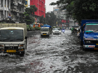 Massive waterlogging is seen in various parts of Kolkata, India, on August 24, 2024, amidst heavy torrential rain in Kolkata, India. (