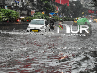 Massive waterlogging is seen in various parts of Kolkata, India, on August 24, 2024, amidst heavy torrential rain in Kolkata, India. (