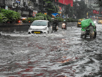 Massive waterlogging is seen in various parts of Kolkata, India, on August 24, 2024, amidst heavy torrential rain in Kolkata, India. (