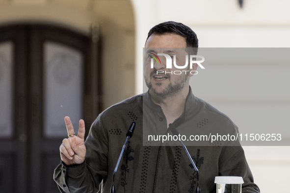 Ukrainian President Volodymyr Zelenskiy speaks during a joint press conference with Polish President Andrzej Duda and Lithuanian Prime Minis...