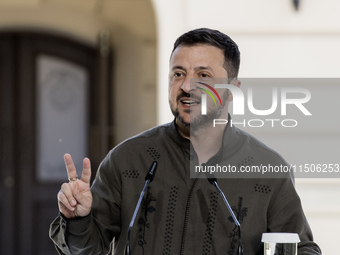 Ukrainian President Volodymyr Zelenskiy speaks during a joint press conference with Polish President Andrzej Duda and Lithuanian Prime Minis...