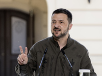 Ukrainian President Volodymyr Zelenskiy speaks during a joint press conference with Polish President Andrzej Duda and Lithuanian Prime Minis...