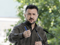 Ukrainian President Volodymyr Zelenskiy speaks during a joint press conference with Polish President Andrzej Duda and Lithuanian Prime Minis...