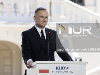 Polish President Andrzej Duda speaks during a joint press conference with Ukrainian President Volodymyr Zelenskiy and Lithuanian Prime Minis...