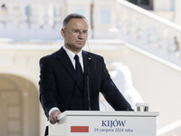 Polish President Andrzej Duda speaks during a joint press conference with Ukrainian President Volodymyr Zelenskiy and Lithuanian Prime Minis...