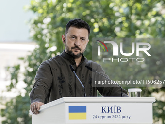 Ukrainian President Volodymyr Zelenskiy speaks during a joint press conference with Polish President Andrzej Duda and Lithuanian Prime Minis...