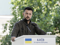 Ukrainian President Volodymyr Zelenskiy speaks during a joint press conference with Polish President Andrzej Duda and Lithuanian Prime Minis...