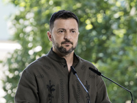 Ukrainian President Volodymyr Zelenskiy speaks during a joint press conference with Polish President Andrzej Duda and Lithuanian Prime Minis...