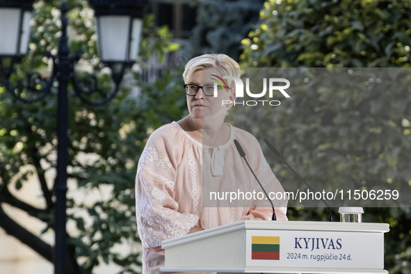 Lithuanian Prime Minister Ingrida Simonyte speaks during a joint press conference with Ukraine's President Volodymyr Zelenskiy and Polish Pr...