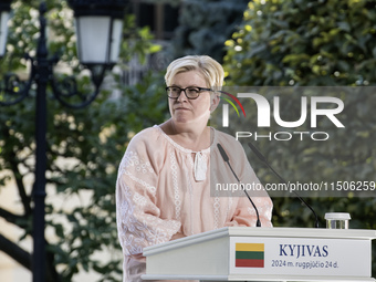 Lithuanian Prime Minister Ingrida Simonyte speaks during a joint press conference with Ukraine's President Volodymyr Zelenskiy and Polish Pr...