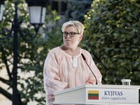 Lithuanian Prime Minister Ingrida Simonyte speaks during a joint press conference with Ukraine's President Volodymyr Zelenskiy and Polish Pr...