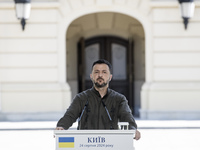 Ukrainian President Volodymyr Zelenskiy speaks during a joint press conference with Polish President Andrzej Duda and Lithuanian Prime Minis...