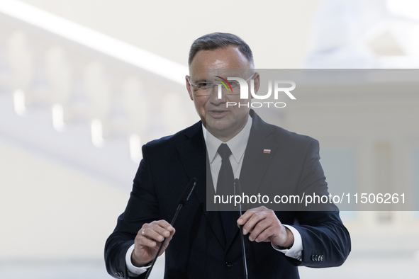 Polish President Andrzej Duda speaks during a joint press conference with Ukrainian President Volodymyr Zelenskiy and Lithuanian Prime Minis...