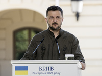 Ukrainian President Volodymyr Zelenskiy speaks during a joint press conference with Polish President Andrzej Duda and Lithuanian Prime Minis...