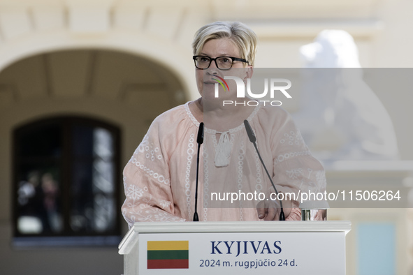 Lithuanian Prime Minister Ingrida Simonyte speaks during a joint press conference with Ukraine's President Volodymyr Zelenskiy and Polish Pr...