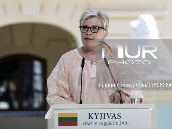 Lithuanian Prime Minister Ingrida Simonyte speaks during a joint press conference with Ukraine's President Volodymyr Zelenskiy and Polish Pr...