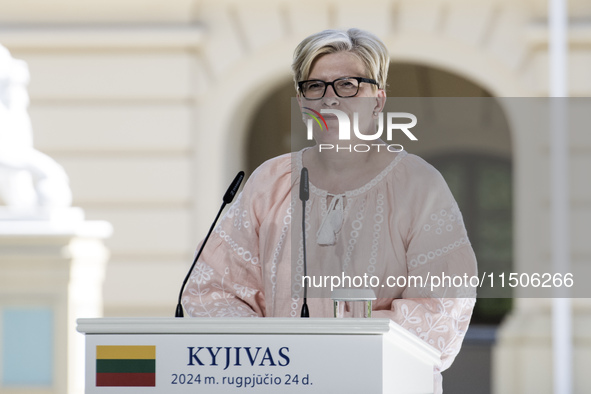 Lithuanian Prime Minister Ingrida Simonyte speaks during a joint press conference with Ukraine's President Volodymyr Zelenskiy and Polish Pr...