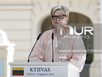 Lithuanian Prime Minister Ingrida Simonyte speaks during a joint press conference with Ukraine's President Volodymyr Zelenskiy and Polish Pr...