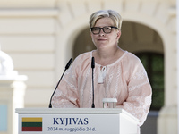 Lithuanian Prime Minister Ingrida Simonyte speaks during a joint press conference with Ukraine's President Volodymyr Zelenskiy and Polish Pr...