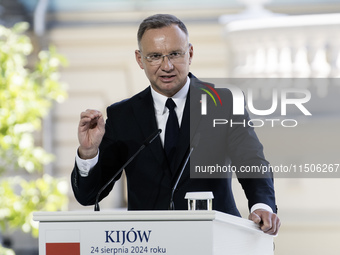 Polish President Andrzej Duda speaks during a joint press conference with Ukrainian President Volodymyr Zelenskiy and Lithuanian Prime Minis...