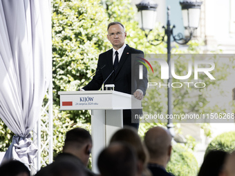 Polish President Andrzej Duda speaks during a joint press conference with Ukrainian President Volodymyr Zelenskiy and Lithuanian Prime Minis...