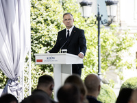 Polish President Andrzej Duda speaks during a joint press conference with Ukrainian President Volodymyr Zelenskiy and Lithuanian Prime Minis...