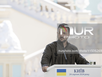 Ukrainian President Volodymyr Zelenskiy speaks during a joint press conference with Polish President Andrzej Duda and Lithuanian Prime Minis...