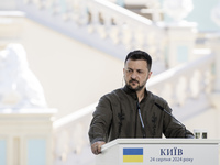 Ukrainian President Volodymyr Zelenskiy speaks during a joint press conference with Polish President Andrzej Duda and Lithuanian Prime Minis...