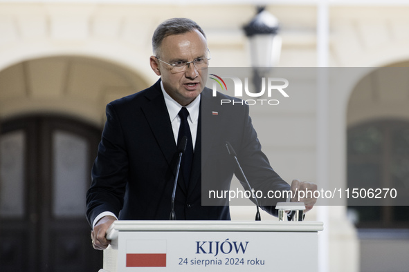 Polish President Andrzej Duda speaks during a joint press conference with Ukrainian President Volodymyr Zelenskiy and Lithuanian Prime Minis...