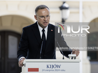 Polish President Andrzej Duda speaks during a joint press conference with Ukrainian President Volodymyr Zelenskiy and Lithuanian Prime Minis...