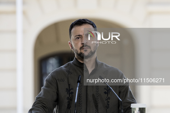 Ukrainian President Volodymyr Zelenskiy speaks during a joint press conference with Polish President Andrzej Duda and Lithuanian Prime Minis...